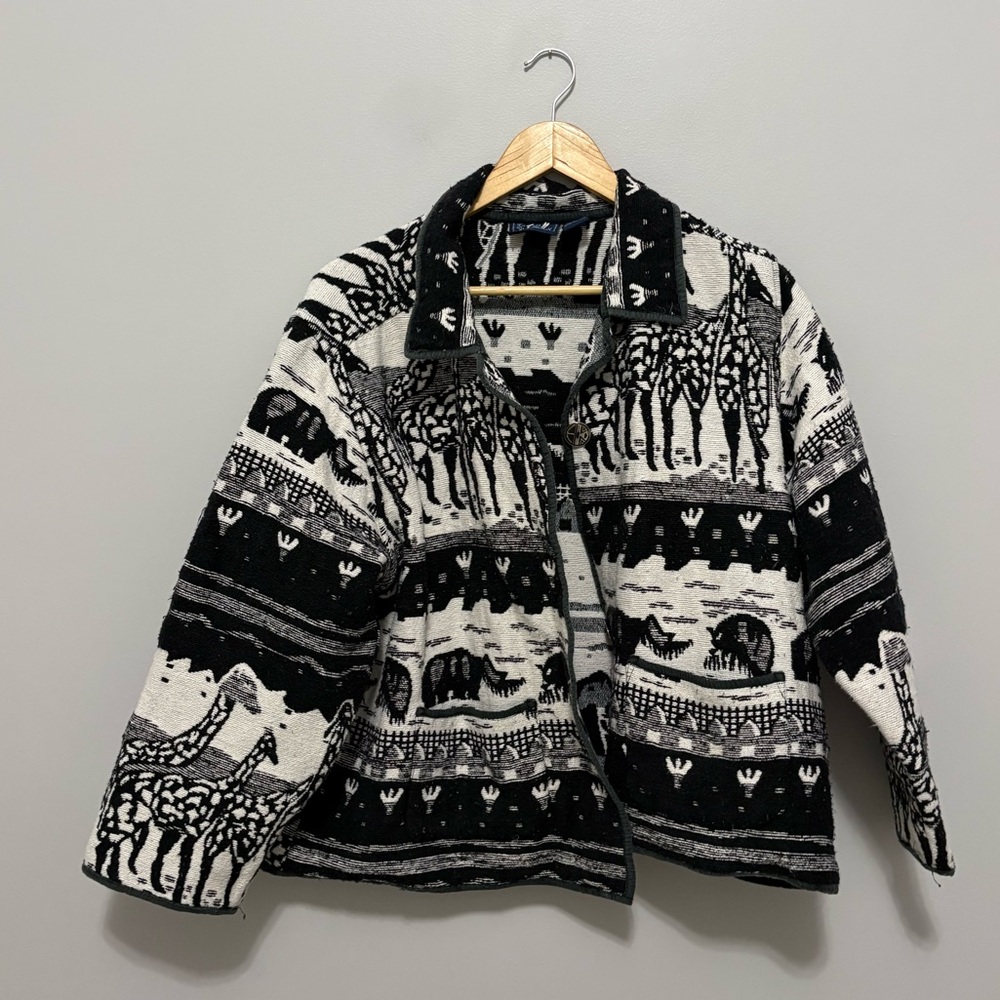 Vintage Jane Ashley Black & White African Safari Animal Print Cotton Jacket